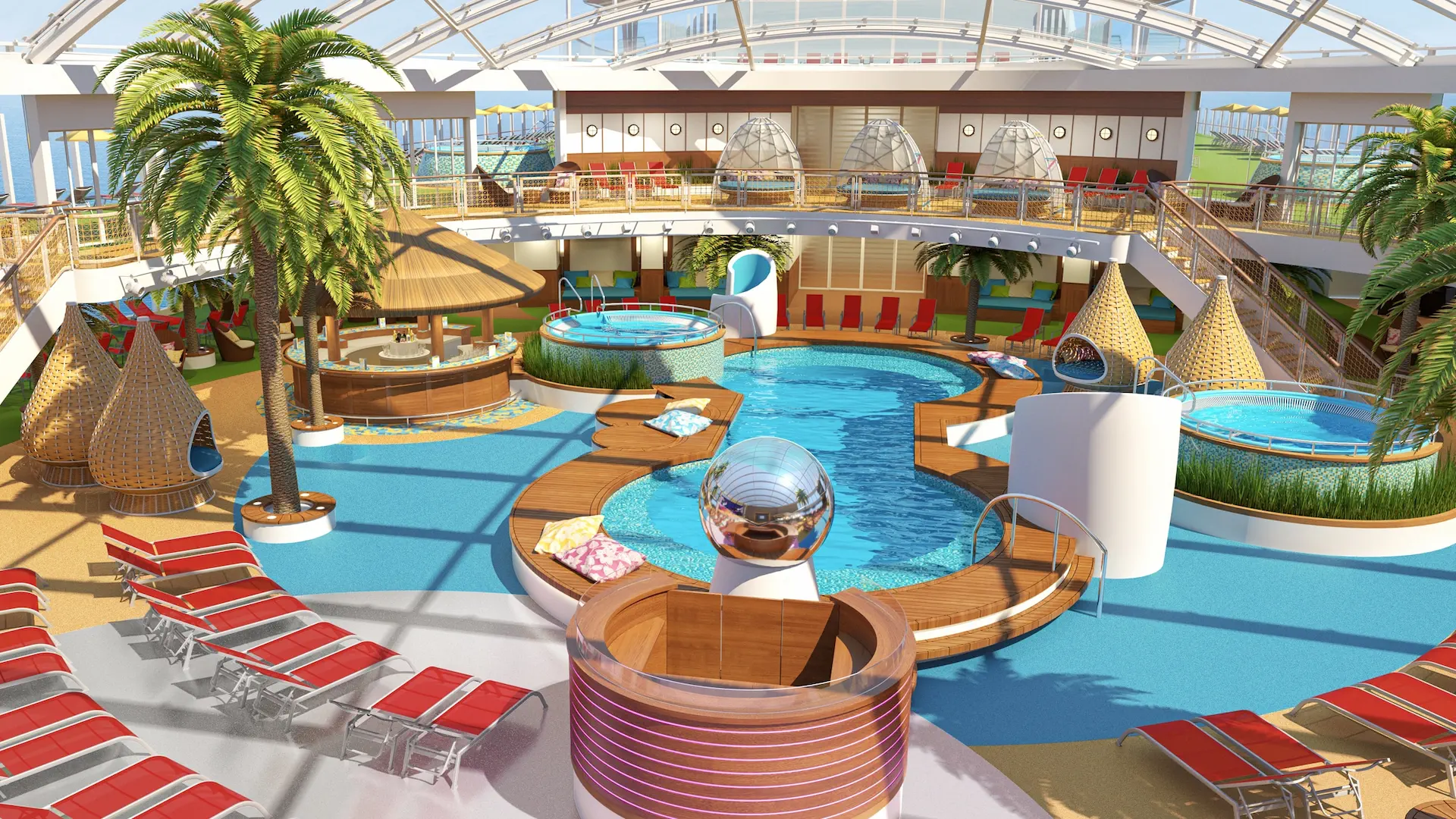 Cruiseschip-AIDAcosma-AIDA-BeachClub Binnenzwembad en ontspanningsgebied in de spa van AIDAcosma met ligbedden en tropische accenten.