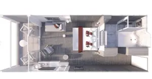 Plattegrond van de Aqua Sky Suite op de Celebrity Ascent met slaapkamer, zithoek, badkamer en privé veranda