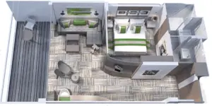 Plattegrond van de Celebrity Suite op de Celebrity Ascent met aparte woonkamer, slaapkamer, badkamer en privé veranda