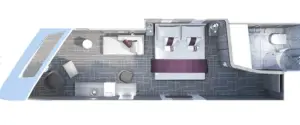Diagram van de Celebrity Ascent Deluxe Oceanview stateroom met indeling van bed, zitruimte en raam