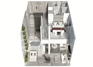 Plattegrond van de Edge Villa op de Celebrity Ascent met duplex indeling, slaapkamer boven en woonkamer met privéterras