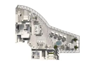 Plattegrond van de Iconic Suite op de Celebrity Ascent met indeling van slaapkamers, woonkamer en groot privéterras boven de brug
