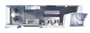 Diagram van de Celebrity Ascent Infinite Veranda stateroom met indeling van bed, badkamer en woonruimte