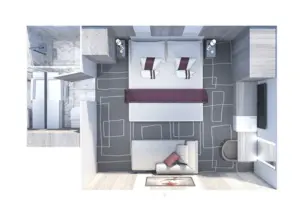 Diagram van de Celebrity Ascent Inside stateroom met indeling van bed, badkamer en compacte ruimte zonder raam