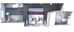 Diagram van de Celebrity Ascent Oceanview stateroom met indeling van bed, badkamer en raampositie
