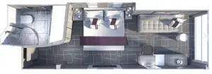 Diagram van de Celebrity Ascent Panoramic Oceanview stateroom met indeling en grote panoramische raamwand