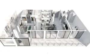 Plattegrond van de Penthouse Suite op de Celebrity Ascent met indeling van slaapkamers, woonkamer, eetruimte en privéterras