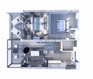 Plattegrond van de Royal Suite op de Celebrity Ascent met woonkamer, slaapkamer, badkamer en privé veranda