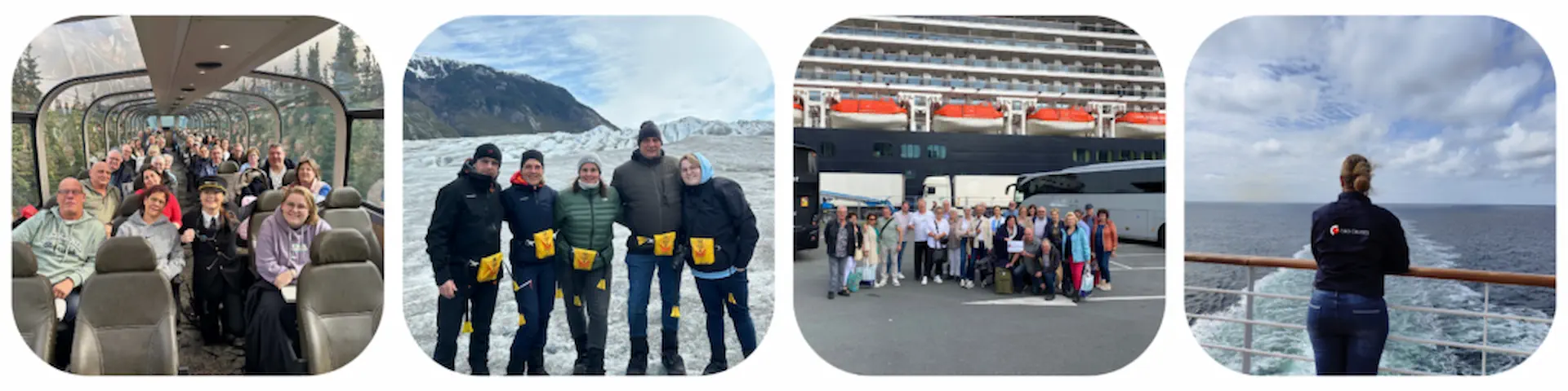 Vier sfeerfoto’s van groepscruises van C&O Cruises, met reizigers in de bus, tijdens excursies en aan boord van een cruiseschip.