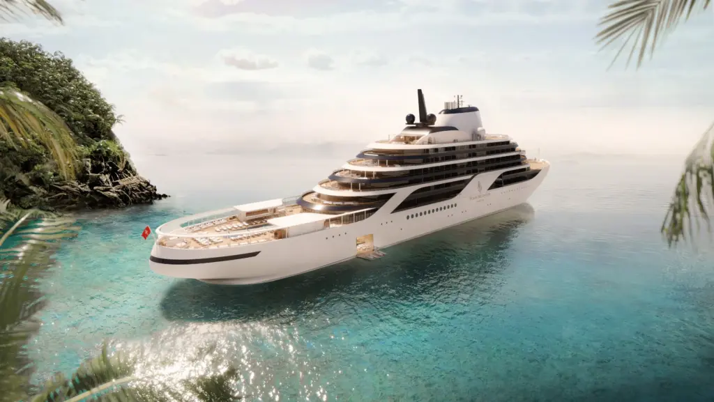 Four Seasons I luxe jacht in tropische zee met palmbomen en helderblauw water