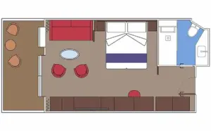 Technische plattegrond van de Yacht Club Deluxe Suite (YC1) op de MSC World Atlantic met weergave van de zithoek, slaapkamer en het balkon.