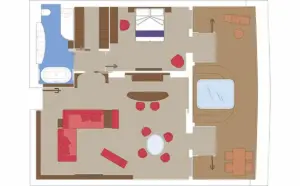 Technische plattegrond van de Yacht Club Owner's Suite op de MSC World Atlantic, inclusief woonkamer, slaapkamer, luxe badkamer en groot balkon met whirlpool.