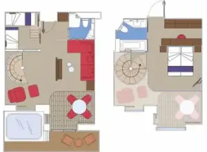 Gedetailleerde plattegrond van de Yacht Club Royal Suite op de MSC World Atlantic, tonend de twee verdiepingen met woonkamer, slaapkamer en privéterras met whirlpool.
