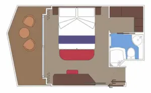 Plattegrond van de World Atlantic Deluxe Balkonhut Promenade (types PR1 t/m PR3 en PV) met balkon, bed, zithoek en badkamer.