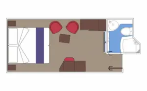 Technische plattegrond van de World Atlantic Deluxe Binnenhut IR1 en IR2 met weergave van het slaapgedeelte, de zithoek met fauteuils en de badkamer.