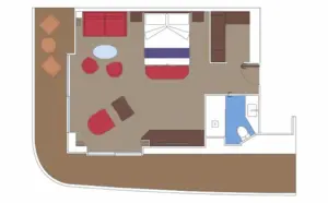 Indeling van de Premium en Grand Suite op de World Atlantic met groot hoekbalkon en aparte leefruimtes.